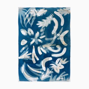 Botanical Cyanotype of Floating Floral Forms Unique Monotype & Classy Marbling, 2020