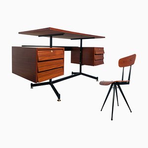 Scrivania Mid-Century moderna in teak con sedia, Italia, anni '50