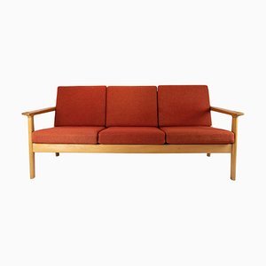 Oak and Red Wool Three-Seat Sofa by Hans J. Wegner for Getama, 1960s