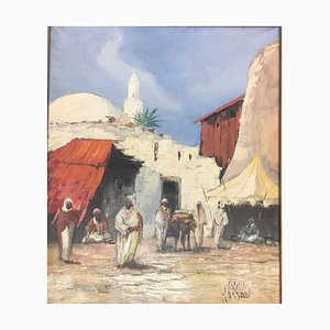 Abdulla Hassan, escena Oriental de Oriente con siete árabes, óleo sobre lienzo