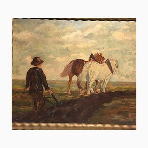 Tiller and Horses, Oil on Cardboard