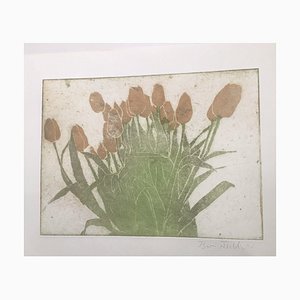 Tulipes Rouges et Feuilles Vertes, Linogravure Colorée