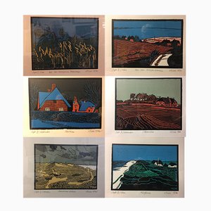 Tohmfor C.J, Sylt 1982, 12 Color Linocuts with Gold-Colored Metal Frames, Set of 12