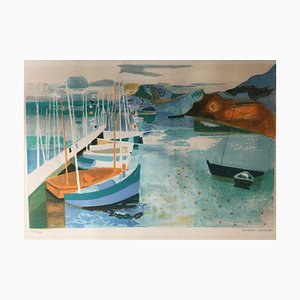 Litografia Georges Lambert, 1919-1998, Summery Southern Port Sailboats, Litografia