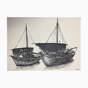 Hellmuth Mueller-Leuter, No. 18, Two Fishing Boats, 1936, ink on Paper