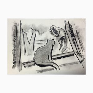 Encre Hellmuth Mueller-Leuter, At The Window Cat, encre sur papier