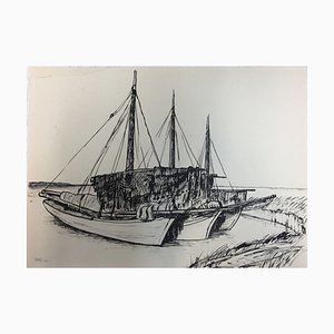 Hellmuth Mueller-Leuter, Three Fishing Boats, ink on Paper