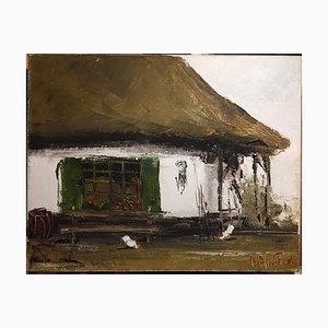 Casa de campo con dos pollos, óleo sobre lienzo