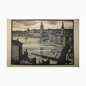 Lilljeström Emmi 1901- 55, Stockholm 1931, Harbour Sweden, Woodcut