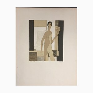 Lithographie par André Minaux, 1923-1986, Frau mit Spiegelbild