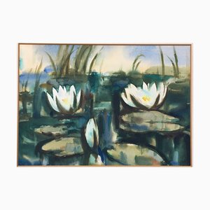 Water Lilies, indistinct Illegible Framed Watercolor at Vonderbank