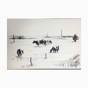 Hellmuth Mueller-Leutert, Four Grazing Cows, Ink on Paper