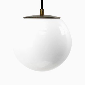 Vintage White Opaline Glass and Brass Top Pendant Lamp