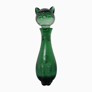 Decantador Cat italiano en verde de vidrio con tapón de Empoli, años 60