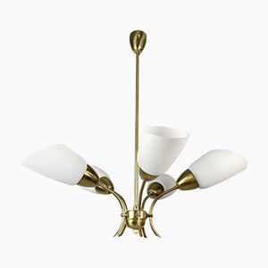 Brass and White Glass Chandelier, 1980s