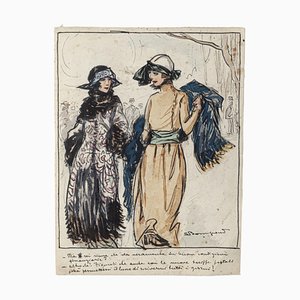 Luigi Bompard, Dames Élégantes, Encre Aquarellée, 20ème Siècle