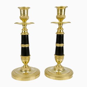 Portacandela in stile Impero in bronzo dorato e ottone patinato, Francia, set di 2