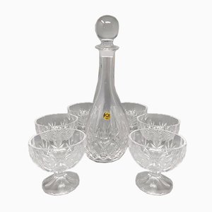 Decantador italiano Mid-Century de cristal con 6 copas de cristal, años 60. Juego de 7