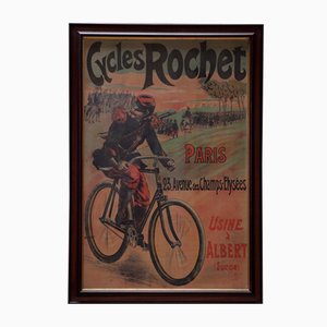 Póster original con marco de lino entallado grande de Cycles Rochet de Lucien Lefevre, 1895