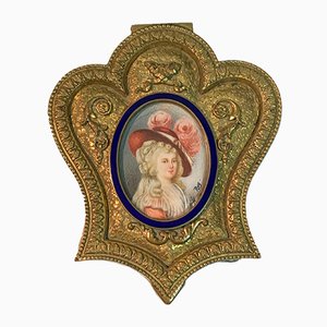 Gilt Bronze Box With Miniature Woman With Hat & Blue Enamel Border