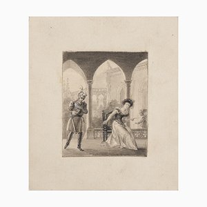 Escena galante, siglo XIX, dibujo a lápiz