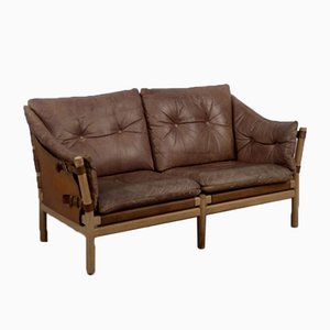 Vintage Scandinavian Oak & Leather 2-Seater Safari Sofa, 1960s