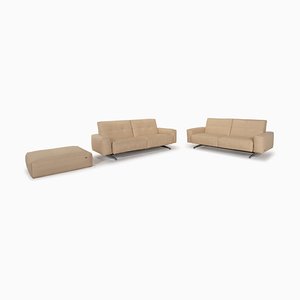 Cream Leather 50 2-Seat Sofas & Stool from Rolf Benz, Set of 3