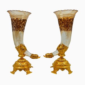 Bouquetières Émaillées en Bronze Doré et Vases en Cristal, Set de 2