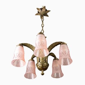 French Art Deco Bronze and Pink Frosted Glass Chandelier, 1930s