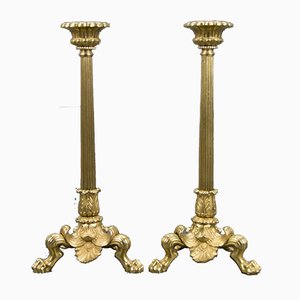 Empire Style Brass and Bronze Candlesticks on Tripod Lion Paws, 1930s, Set of 2