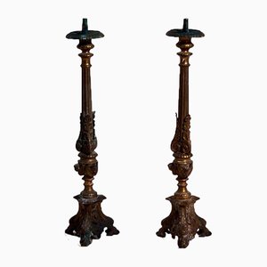 Large French Brass & Bronze Church Candleholders, Set of 2, Late 19th Century