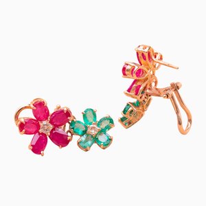 Boucles d'Oreilles Florales en Or, Emeraude et Rubis, 1990s, Set de 2