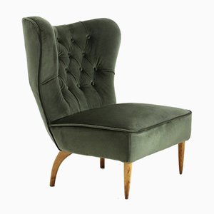 Green Velvet Armchair with Quilted Backrest, 1930s