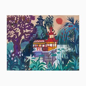 Dibujo original de Jean, Raymond Delpech, Tropical Landscape de Jean Delpech, años 60