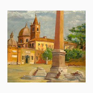 Alessandro Battaglia , Piazza del Popolo, Rome , Oil on Cardboard , Early 20th Century