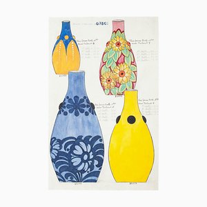 Unbekannt, Farbige Vasen, Original Aquarell und Tuschezeichnung, 19. Jh