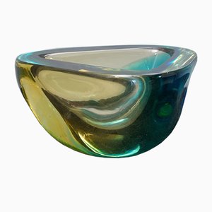 Glas Aschenbecher aus Muranogrün & Gelbem Glas von Venini, 1960er