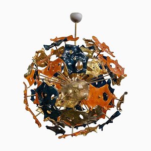Lámpara de araña Sputnik de cristal de Murano artístico en naranja y dorado, años 90