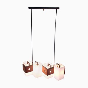 Suspension Mid-Century en Teck et Verre Opalin, Italie