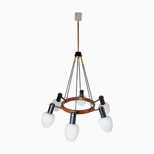 Italienischer Mid-Century Teak und Opalglas Kronleuchter
