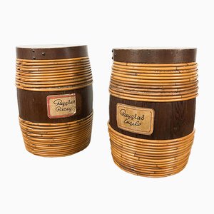 Barril de almacenamiento vintage de madera con barras de sauce. Juego de 2