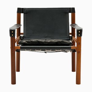 Sirocco Easy Chair in Black Leather with Brass Buckles by Arne Norell