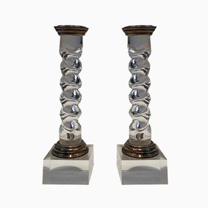Silver Plated and Acrylic Glass Twisted Candlesticks, France, 1970s