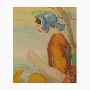 Jean-raymond Delpech - Woman At Embroidery - Original Watercolor On Paper di J. Delpech - 20th Century