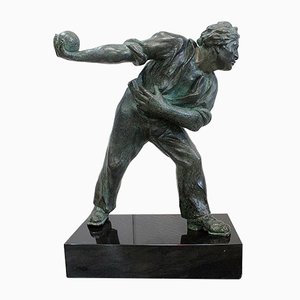 Sculpture The Boules Player, Bronze avec Patine Verte, Début XXème Siècle