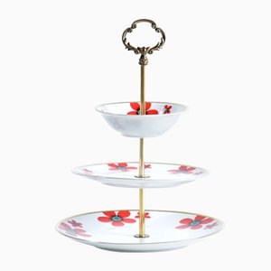 Three Layer Cake Stand in Brass and Porcelain, Czechoslovakia, 1950s