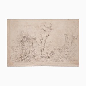Filippo Palizzi - the Milking Girl - Original Etching by Filippo Palizzi - 1889