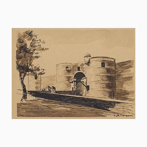 Gustave Bourgain - the Fortress - Original Ink and Watercolor by Gustave Bourgain - 1940