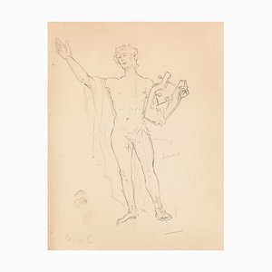 Desconocido - Zither Player - Dibujo a lápiz original, siglo XIX