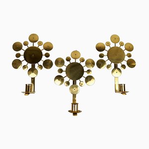 Brass Wall Candlesticks Sunburst by Holmström, Arvika, Sweden, 1960s, Set of 3